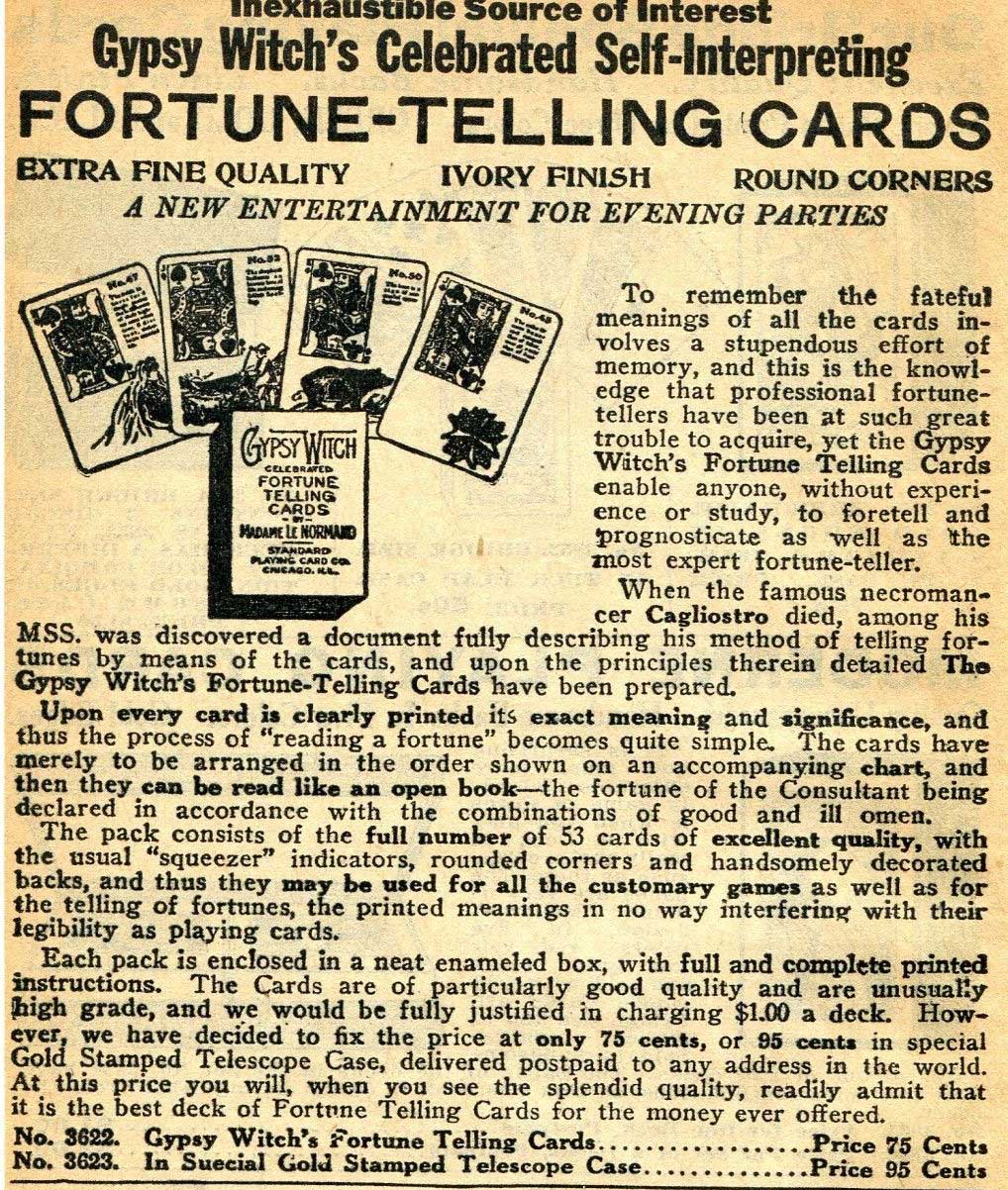 1929 advert for Gypsy Witch Fortune Telling Cards