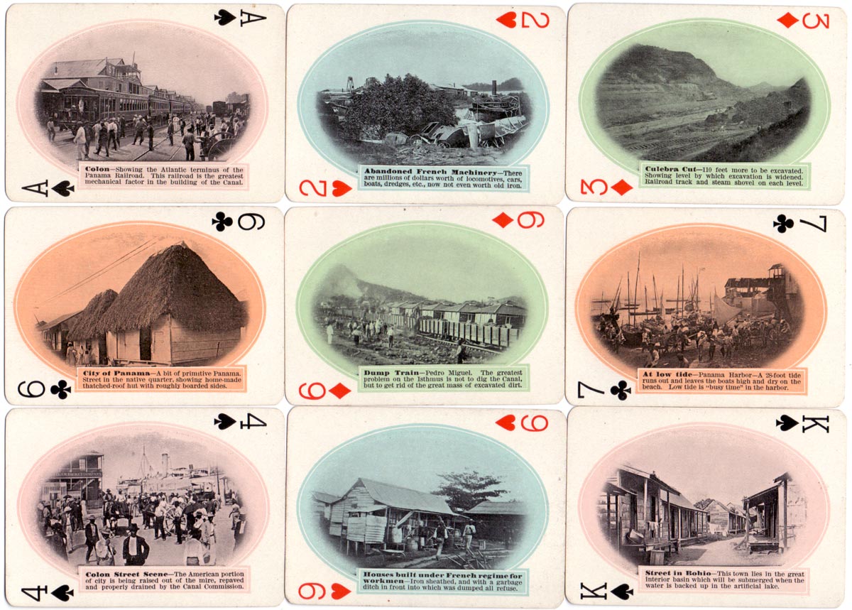 Cards from the 1908 edition of Panama Souvenir Playing Cards, manufactured by the U.S. Playing Card Co., Cincinnati, U.S.A.