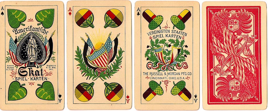 Skat No.1 German-style playing cards manufactured by the Russell & Morgan Printing Co., Cincinnati, USA, c.1889