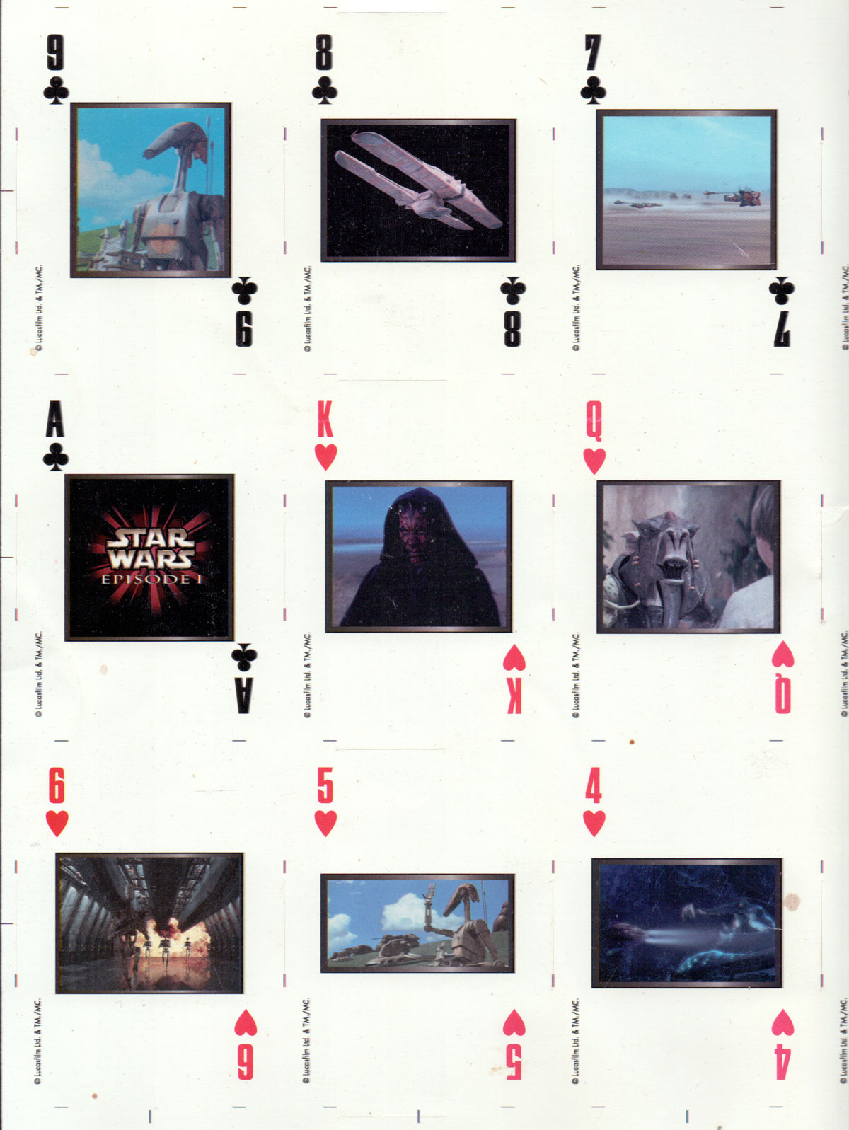Detail from uncut sheet of STAR WARS Episode 1 playing cards printed by U.S. Playing Card Co., c.1999