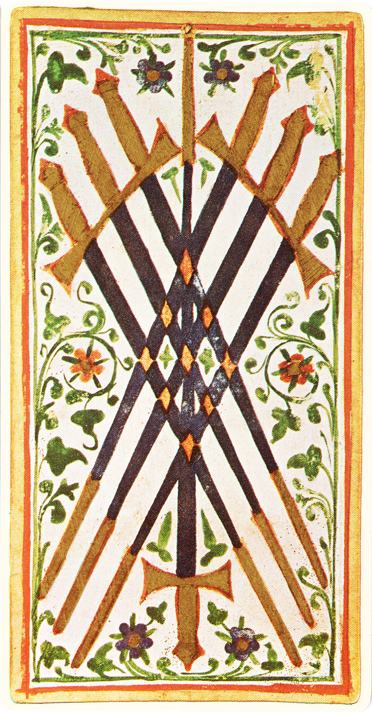 XV century hand painted card - seven of swords