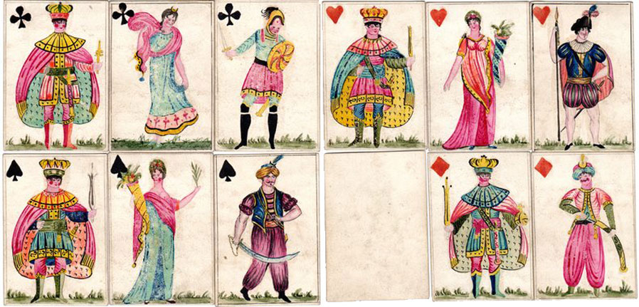 Hand-made playing cards by French prisoners of war in Porchester Castle, Hampshire, c.1796 Hand-made playing cards by French prisoners of war in Porchester Castle, Hampshire, c.1796