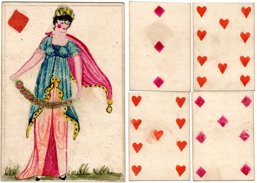 Hand-made playing cards by French prisoners of war in Porchester Castle, Hampshire, c.1796 Hand-made cards by French prisoners of war c.1796