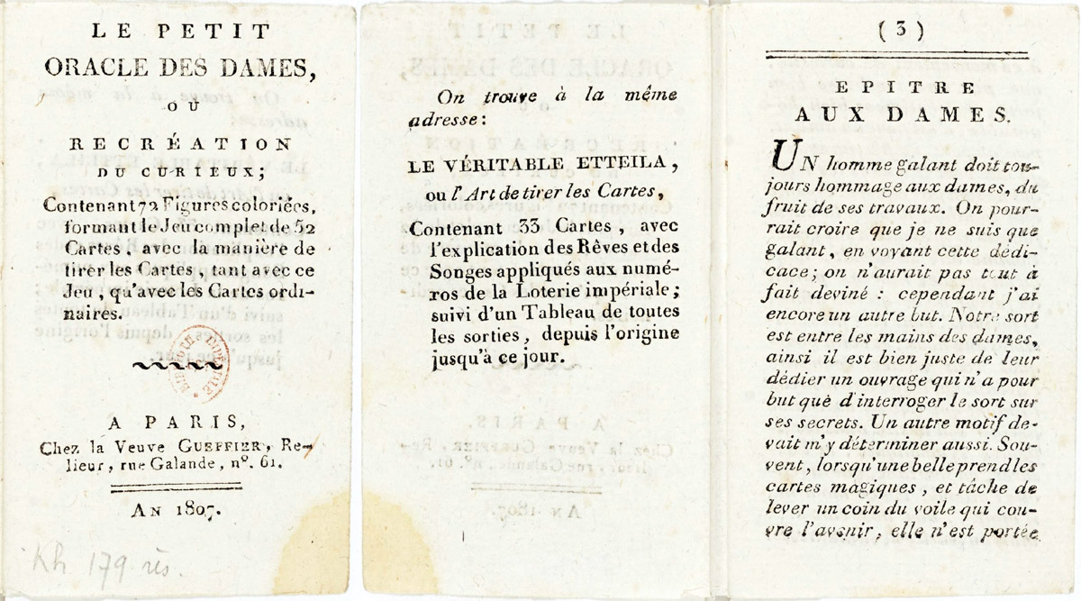 Le Petit Oracle des Dames ou Récréation des Curieux published by la Veuve Gueffier, Paris, 1807. Source gallica.bnf.fr / Bibliothèque nationale de France