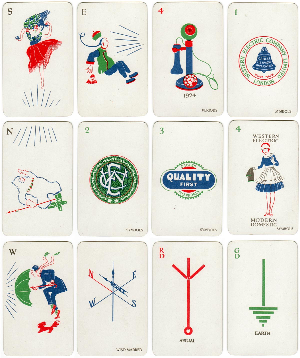 Cards from ‘Electrical Mah Jong’ produced by De La Rue for The Western Electric Company Ltd in 1924