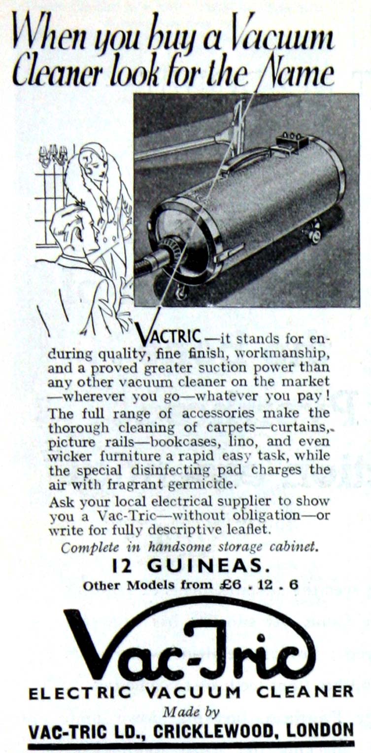 Vac-tric Electric Vacuum Cleaner advert, 1930s