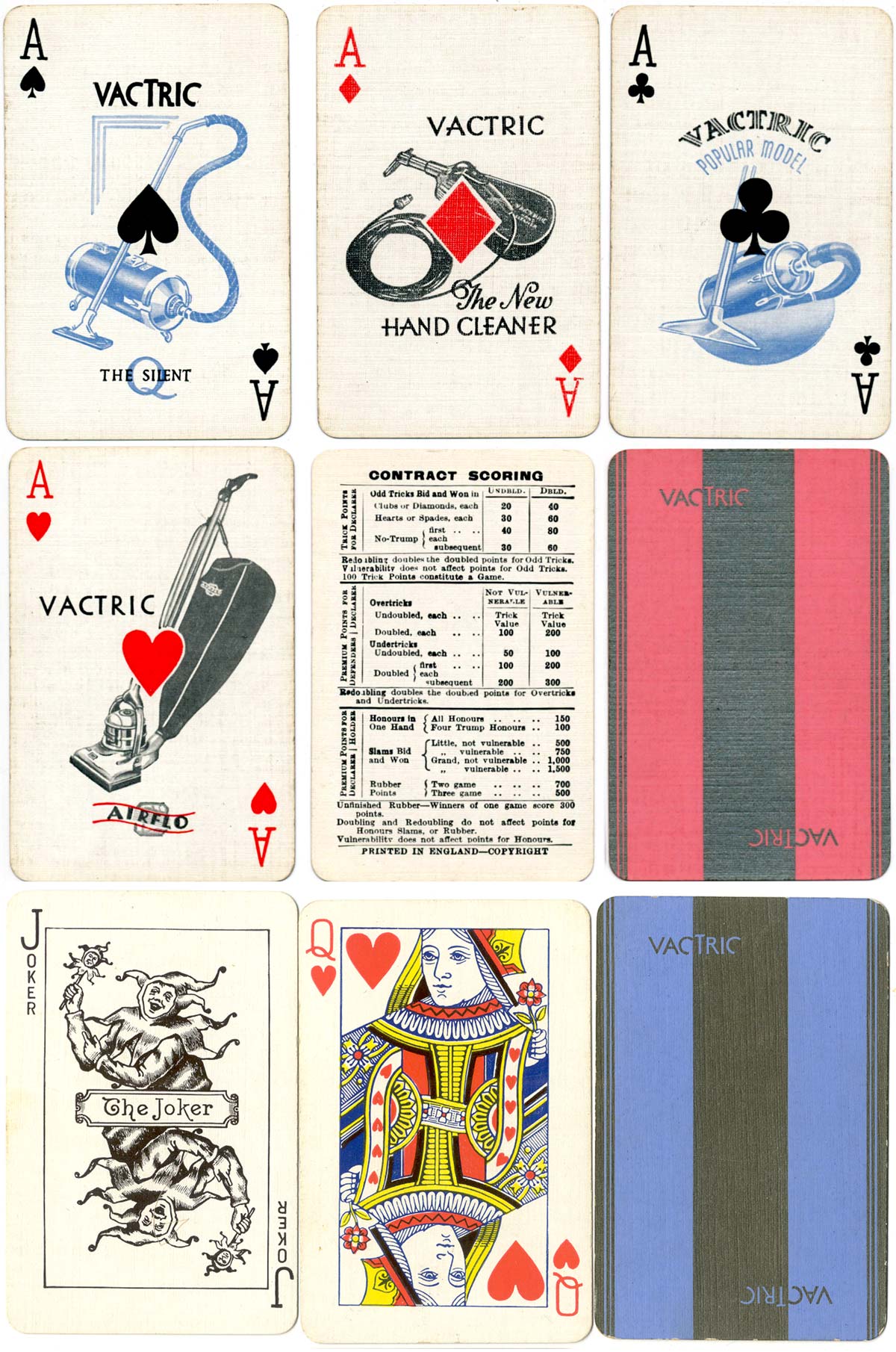 Vac-tric Electric Vacuum Cleaner playing cards manufactured by De la Rue, 1930s Vac-tric Electric Vacuum Cleaner playing cards manufactured by De la Rue, 1930s