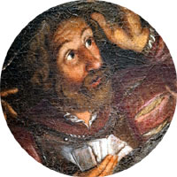 Card player in The Denial of St Peter, anonymous XVII c. Badajoz cathedral, Spain