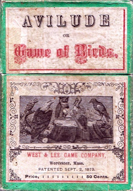 Box from 1st edition of Avilude or Game of Birds published by West & Lee Game Company, Worcester, Mass, 1873