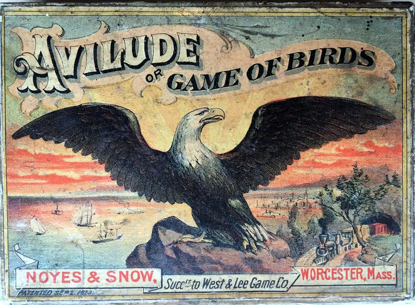 Box from 4th edition of Avilude or Game of Birds published by Noyes & Snow