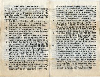 leaflet enclosed with Snip Snap game explaining the schedule of events during the changeover to decimal currency