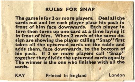 Kay Snap Card Game rules, Made in England, 1930s