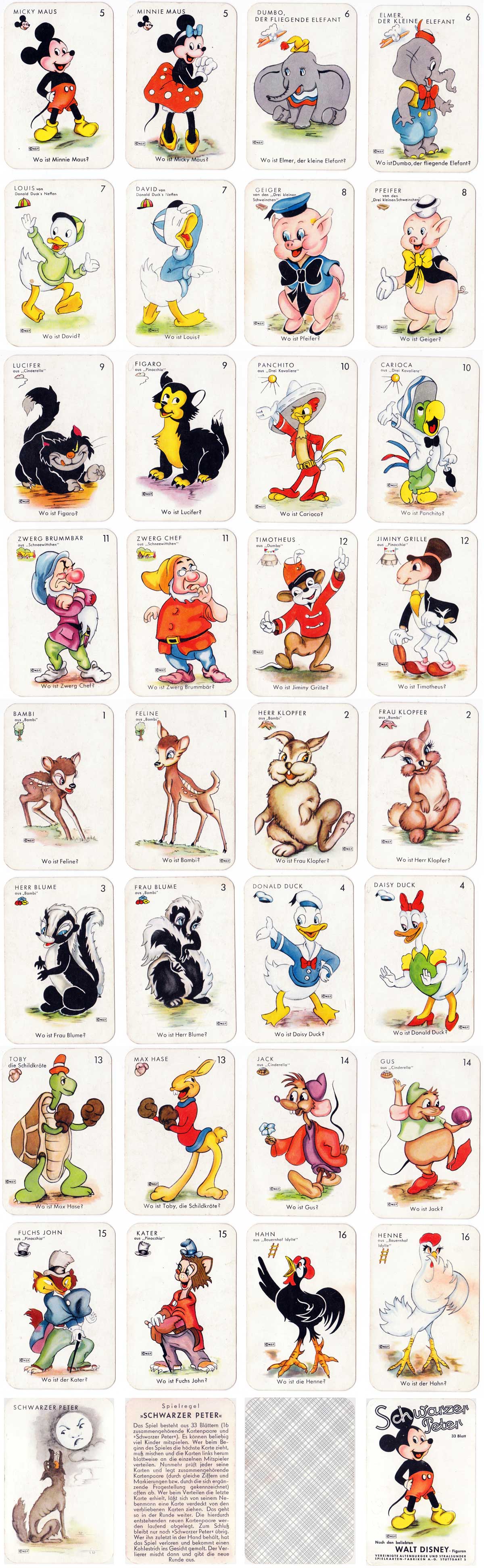 Walt Disney “Schwarzer Peter” game published by Vereinigte Altenburger und Stralsunder Spielkarten-Fabriken A.G., Stuttgart. (c) Walt Disney Productions