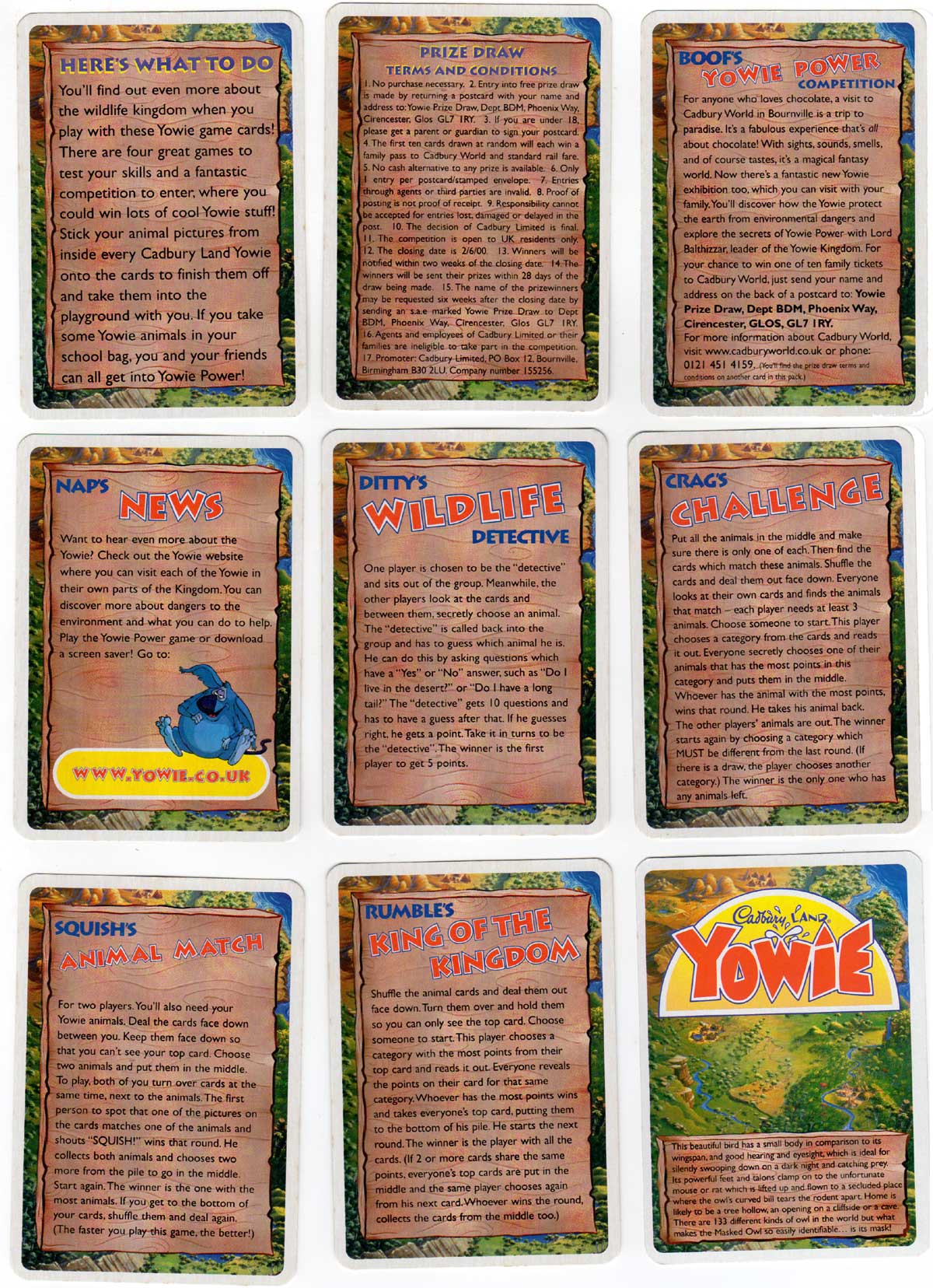 Yowie Game Cards, a promotional item supplied by Cadbury Ltd and published by Kidcorp, c.1999