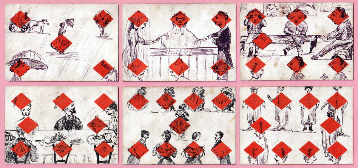 Hand-drawn transformation cards, c1870