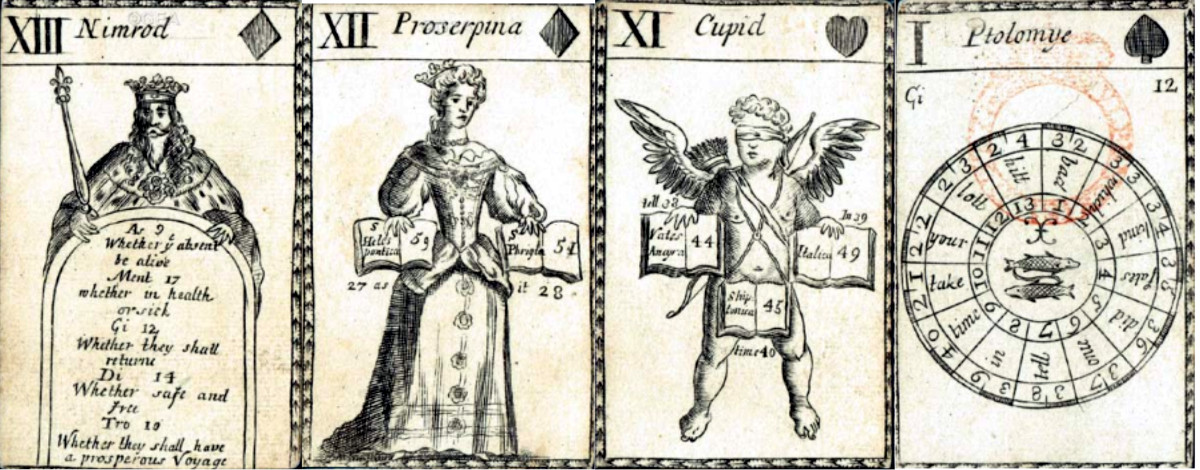 King, Queen, Cupid and Ace from the John Lenthall deck, 1690