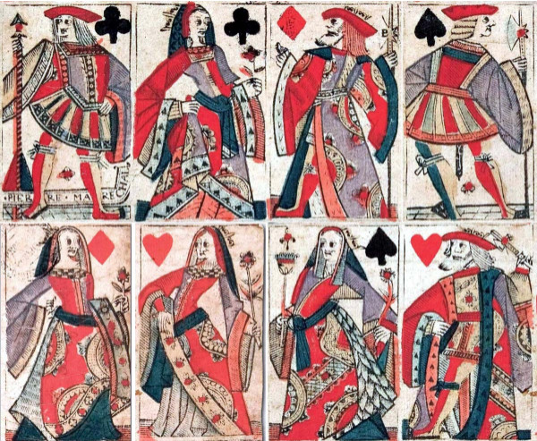 Rouen Pattern deck, 1567, featuring the new standardized suit signs