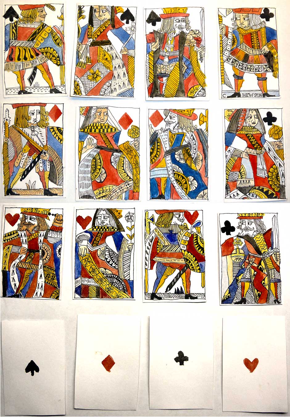 hand-drawn and painted “Hewson Facsimile Playing Cards” made by David James Binns