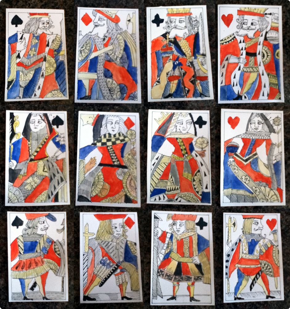 hand-drawn and painted “Tudor Playing Cards” made by David James Binns