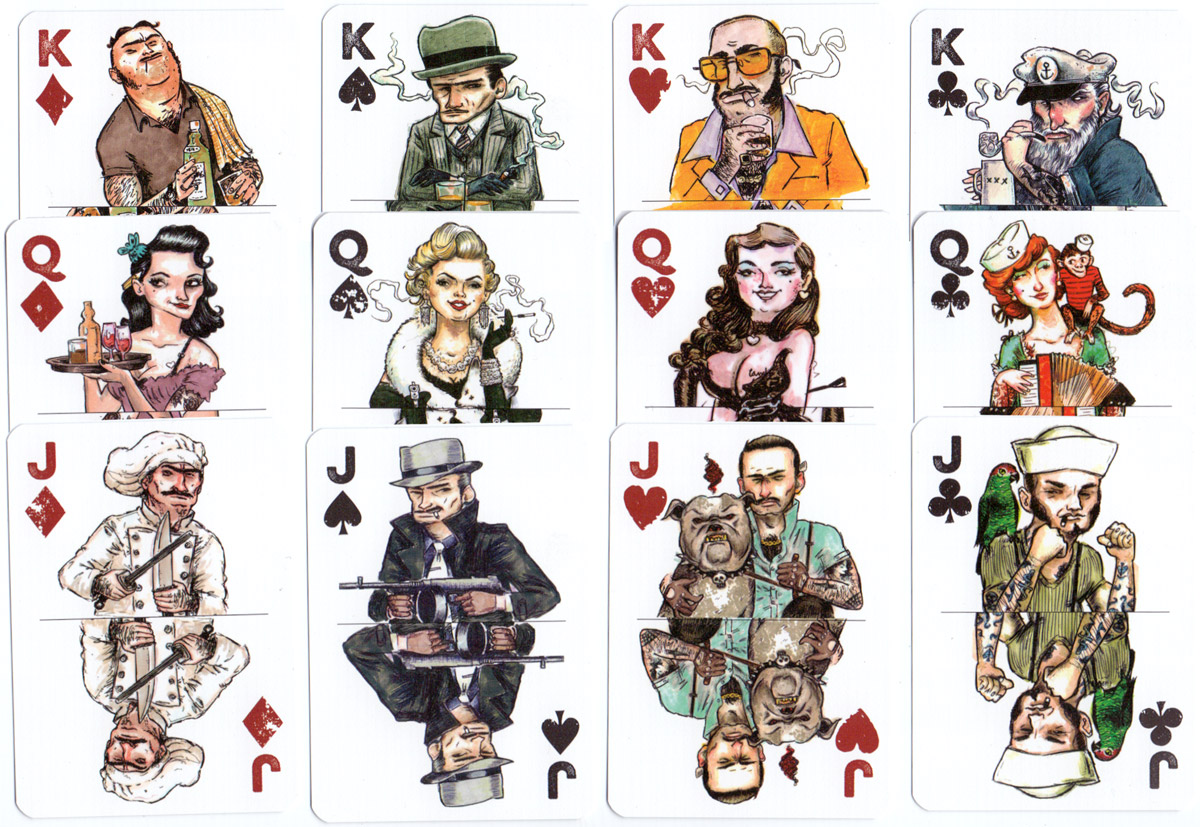 Poker Faces playing cards illustrated by Alex Elsen and published by Verlag Um Die Ecke, Germany, 2015