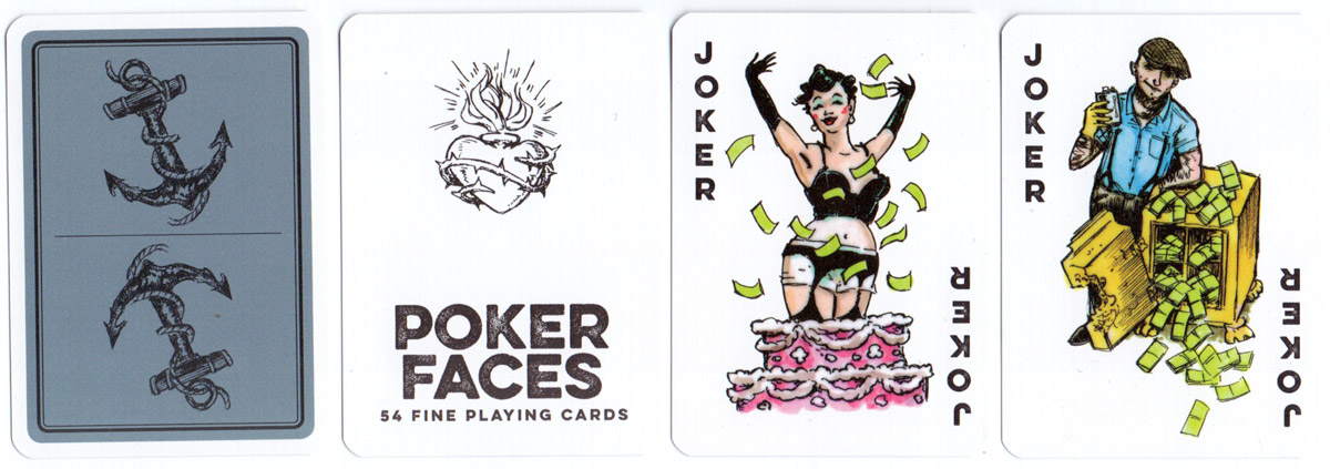Poker Faces playing cards illustrated by Alex Elsen and published by Verlag Um Die Ecke, Germany, 2015