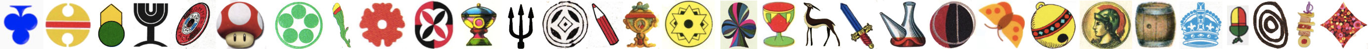 Horizontal row of suit symbols from different playing-card patterns (e.g., hearts, clubs, spades, diamonds, cups, swords, coins, acorns and bells).