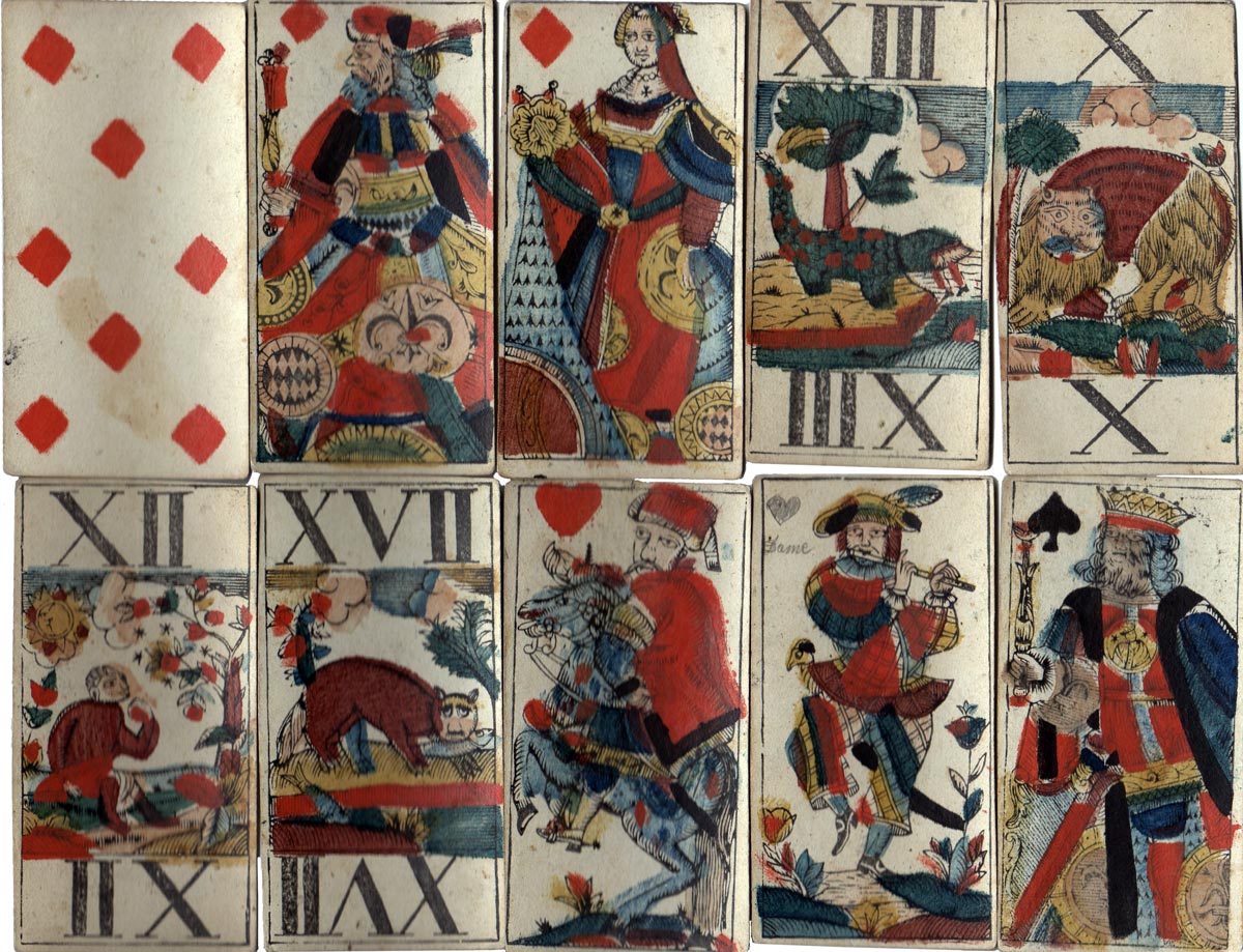 woodblock and stencil Animal Tarot cards, probably of German origin, 2nd half 18th century
