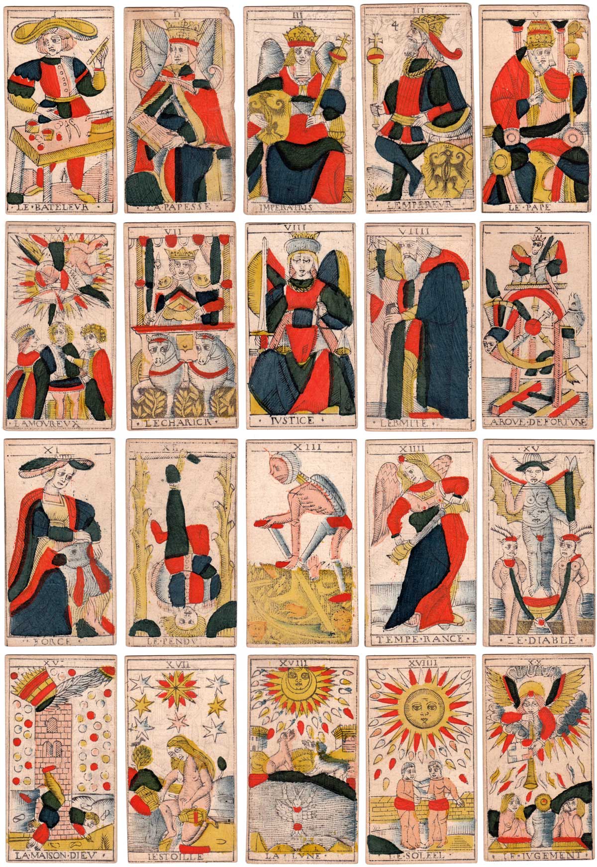 Marseille Tarot Trump cards by Charles Cheminade of Grenoble, France, early 18th century