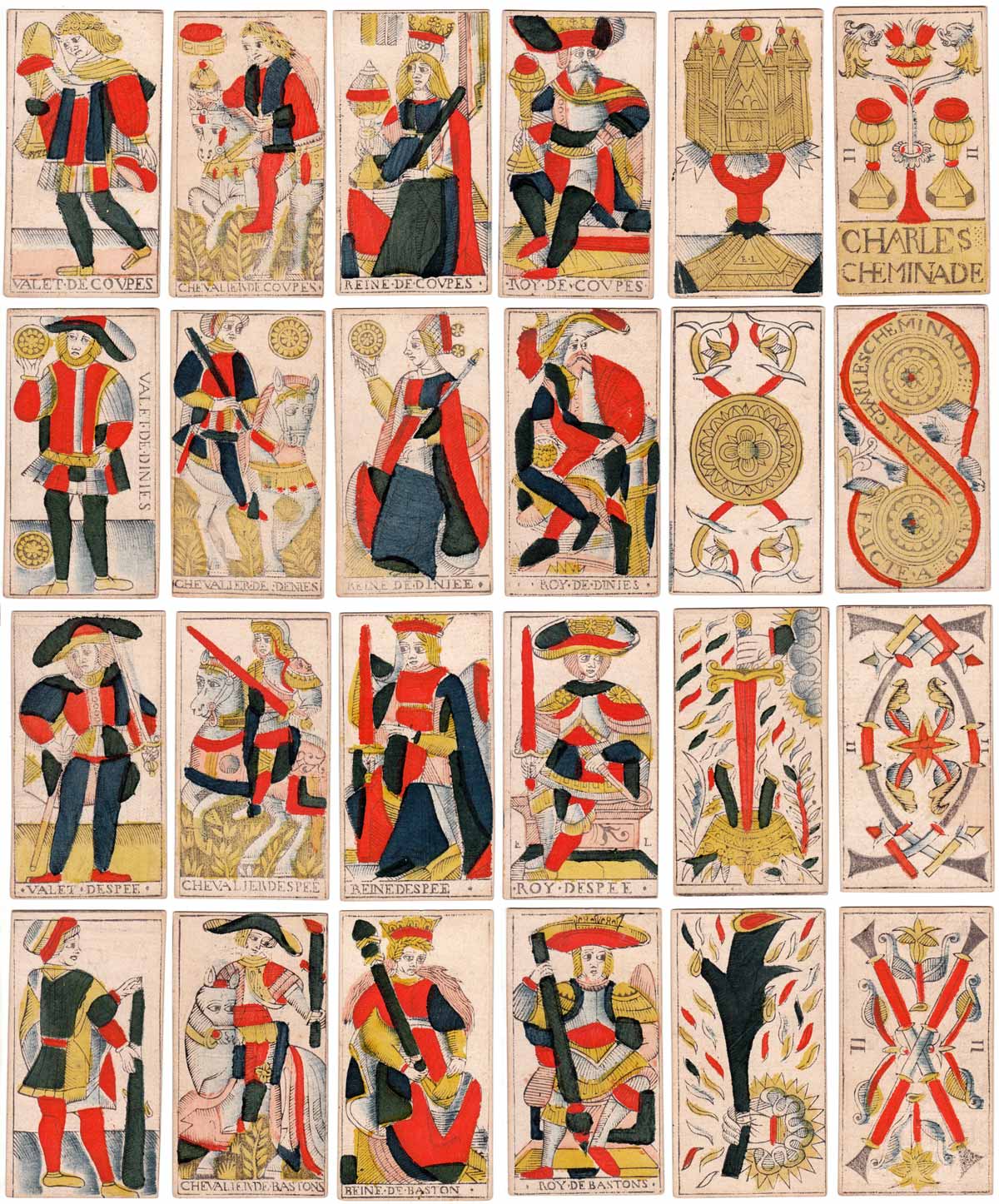 Marseille Tarot court cards by Charles Cheminade of Grenoble, France, early 18th century Marseille Tarot court cards by Charles Cheminade of Grenoble, France, early 18th century