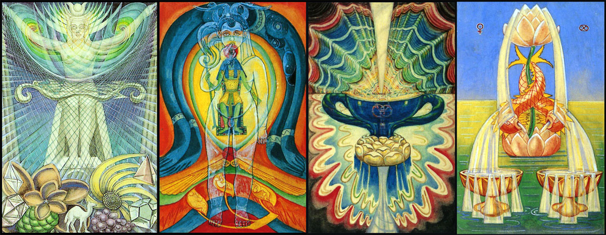 four cards from Aleister Crowley's Thoth tarot painted by Frieda Harris during 1938 to 1943