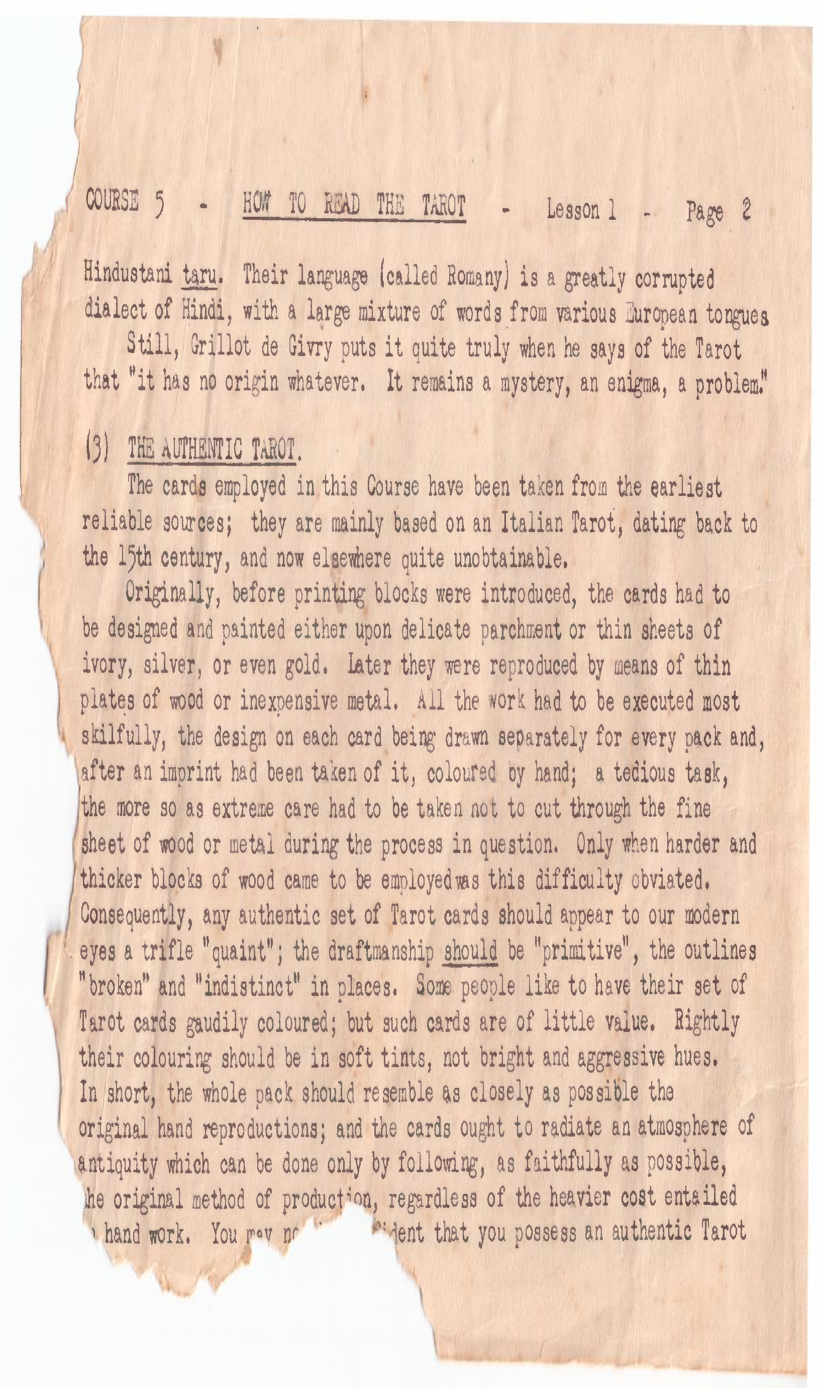 Insight Institute Course Five, Lesson 1, page 2 Insight Institute Course Five, How to Read the Tarot, Lesson 1, page 2