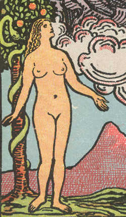 Detail from The Lover card from 'Pam-A' edition of Rider-Waite tarot, 1910-20 Detail from The Lover card from 'Pam-A' edition of Rider-Waite tarot, 1910-20
