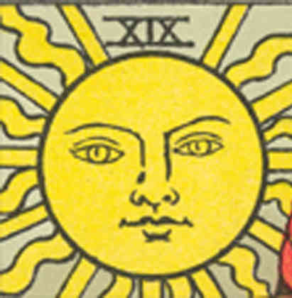 Detail from The Sun card from 'Pam-B' edition of Rider-Waite tarot, 1931-40 Detail from The Sun card from 'Pam-B' edition of Rider-Waite tarot, 1931-40