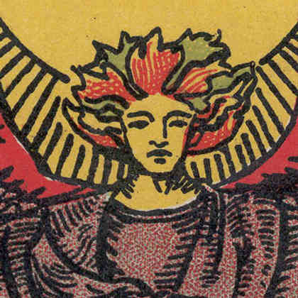 Detail from The Lover card from 'Pam-C' edition of Rider-Waite tarot, 1920-28 Detail from The Lover card from 'Pam-C' edition of Rider-Waite tarot, 1920-31