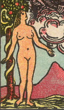Detail from The Lover card from 'Pam-D' edition of Rider-Waite tarot, 1920-31 Detail from The Lover card from 'Pam-D' edition of Rider-Waite tarot, 1920-31
