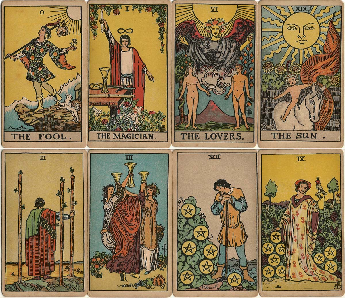 1st edition of the Rider-Waite tarot designed by Pamela Colman Smith and first published by William Rider & Son Limited in December 1909
