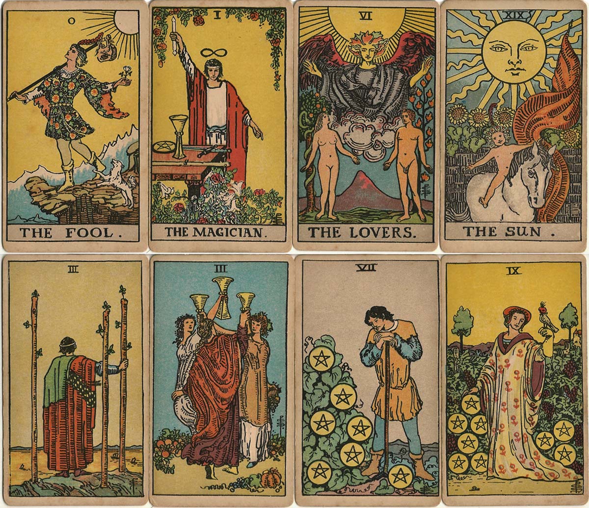 1st edition of the Rider-Waite tarot designed by Pamela Colman Smith and first published by William Rider & Son Limited in December 1909 1st edition of the Rider-Waite tarot designed by Pamela Colman Smith and first published by William Rider & Son Limited in December 1909