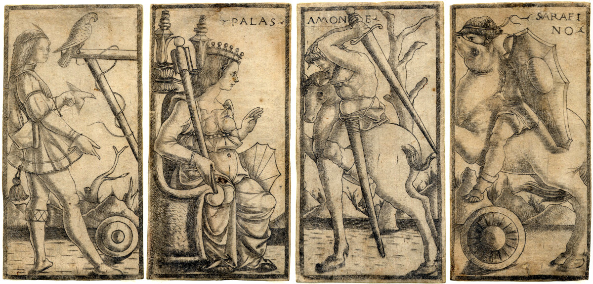 Four uncoloured Sola Busca tarocchi cards © The Trustees of the British Museum