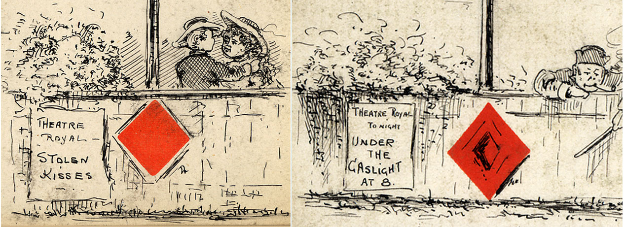 details from the twos of diamonds showing the theatre posters