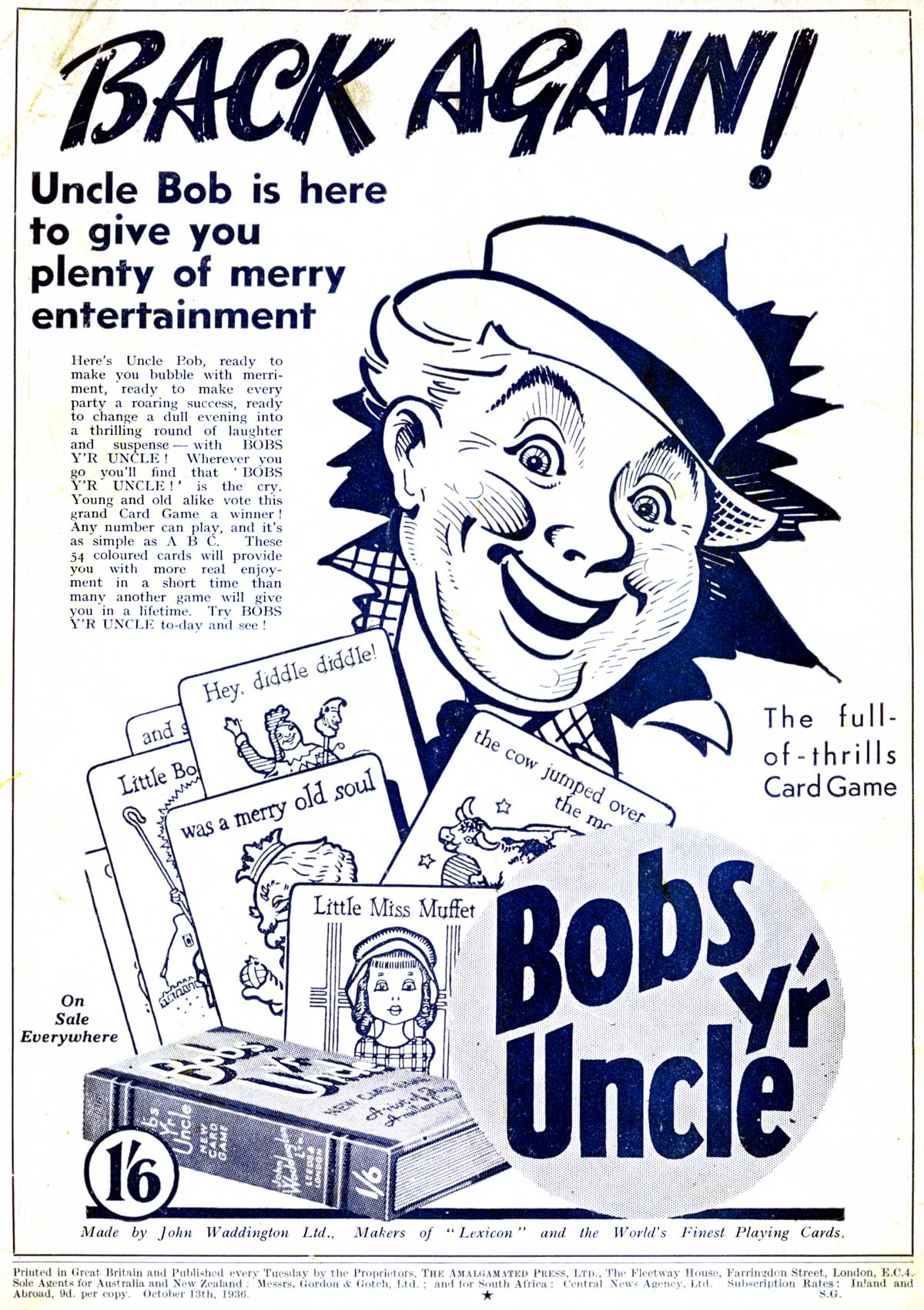 “Bobs y'r Uncle” children’s card game designed by Frank H. Simpson for John Waddington Ltd. in 1935