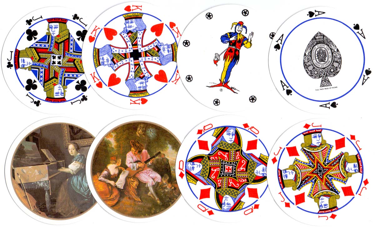 Double boxed set of Waddington's Circular playing cards with details from paintings by Vermeer and Watteau on the reverse, 1980s