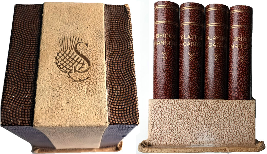 Waddington’s Faux book set containing four packs of playing cards and four “bridge markers”, 1930s