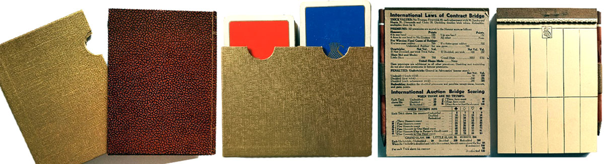 Waddington’s Faux book set containing four packs of playing cards and four “bridge markers”, 1930s