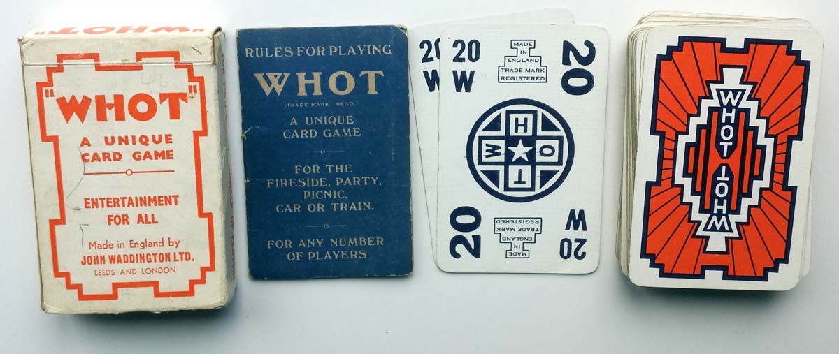 Whot card game manufactured by John Waddington Ltd with rules booklet published by W. H. Storey & Co. Ltd., 24 Dingwall Road, Croydon, c.1935