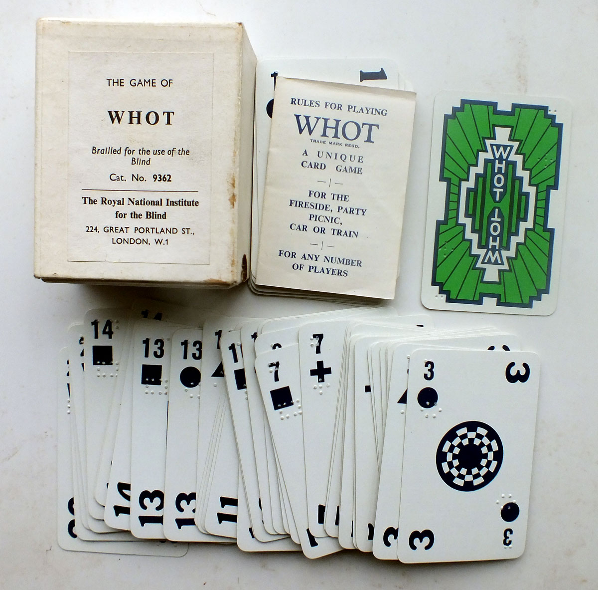 Whot card game manufactured by John Waddington Ltd for the Royal National Institute for the Blind